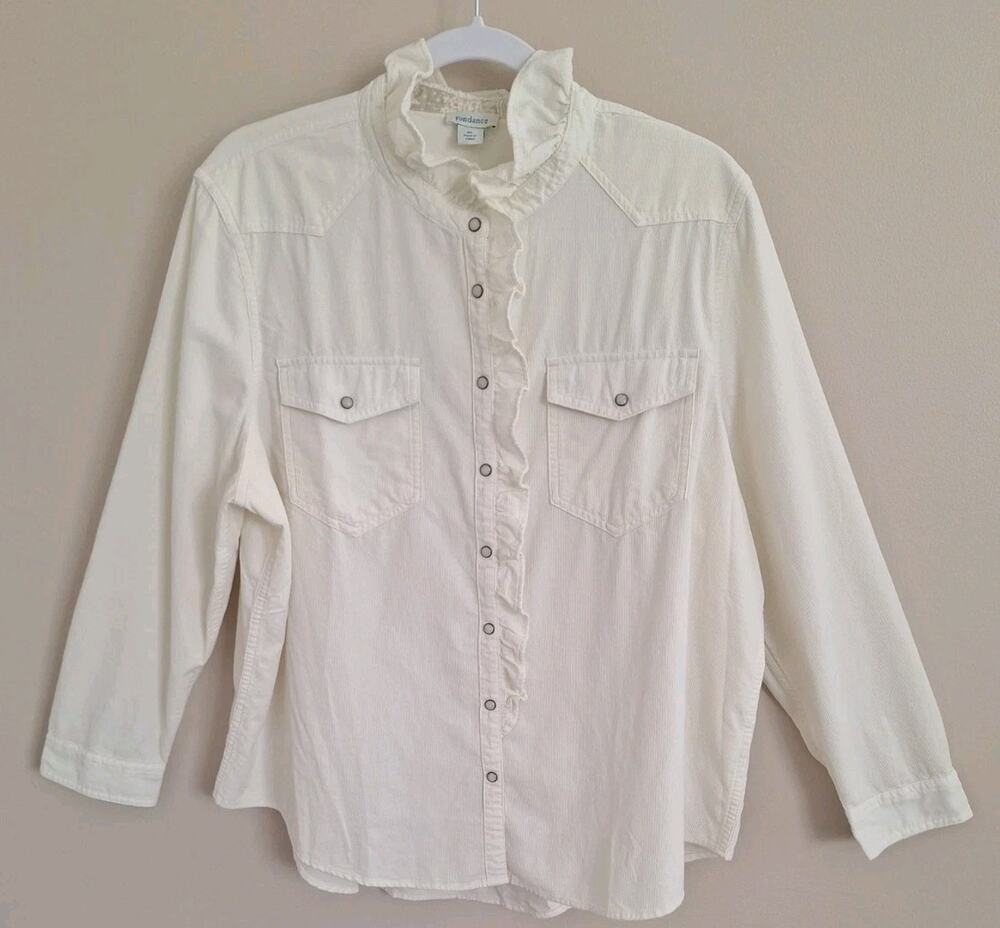 Sundance Womens Ombeline Corduroy Shirt Pearl Snaps Ruffled Collar Ivory Size XL